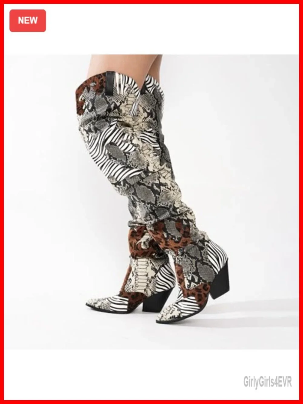 Thigh High Cowboy Boots with Chunky Heel - Faux Snakeskin Western Booties for